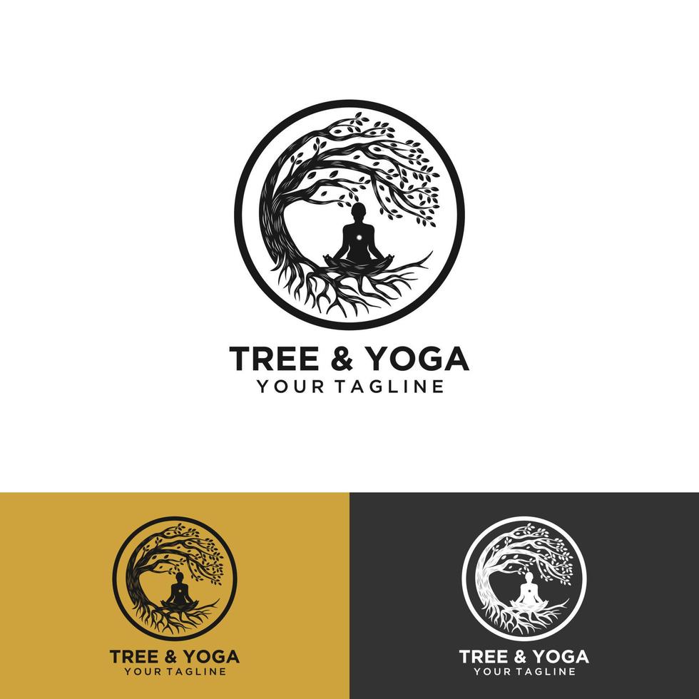 yoga logotyp vektor, en man meditation på naturlig plats. vektor
