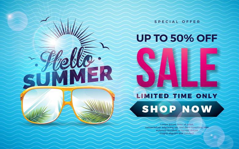 Sommarförsäljning Design med typografi Brev och exotiska palmblad i solglasögon på blå bakgrund. Tropical Vector Special Offer Illustration