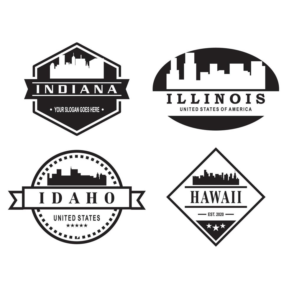 indiana, illinois, idaho och hawaii skyline silhuett vektor logotyp