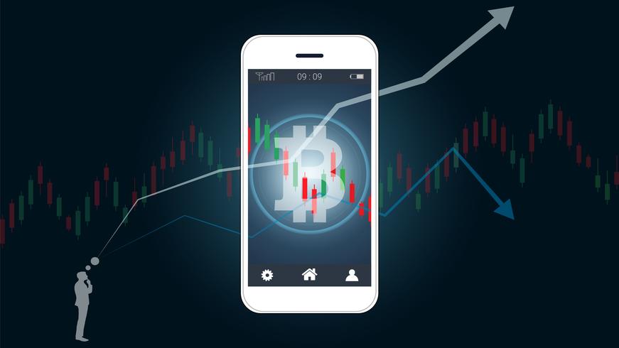 Mobilt börskoncept med bitcoin och ljusstake grafdiagram på skärmen. vektor