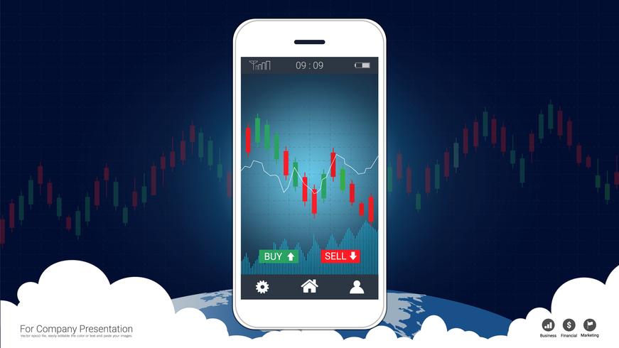 Mobila aktiehandelskoncept med ljusstake och finansiella diagramdiagram på skärmen. vektor