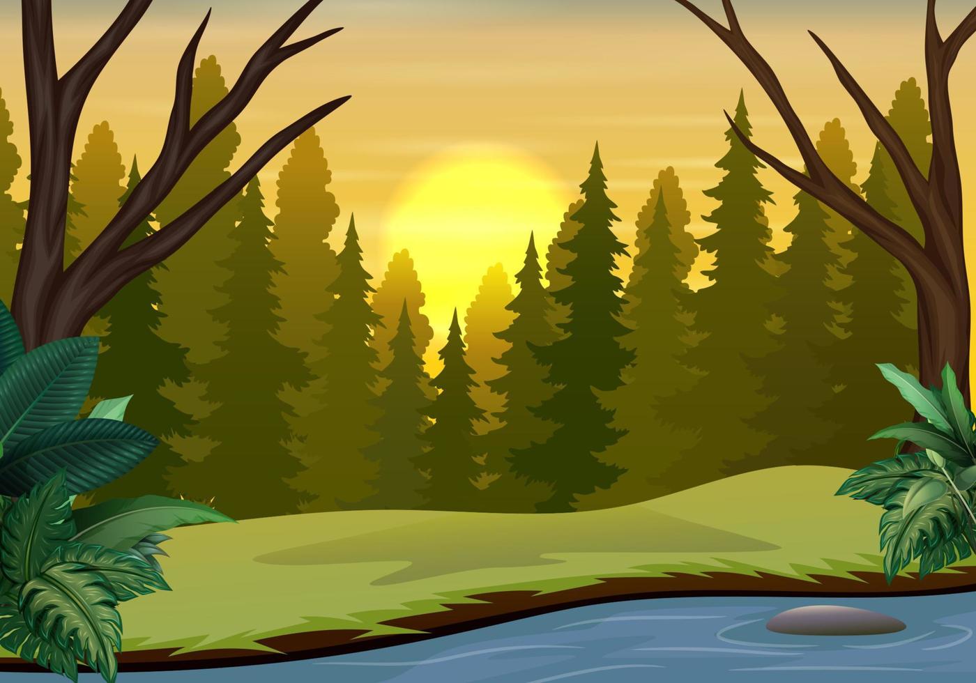 skogslandskap på solnedgångsscenen med torra träd vektor