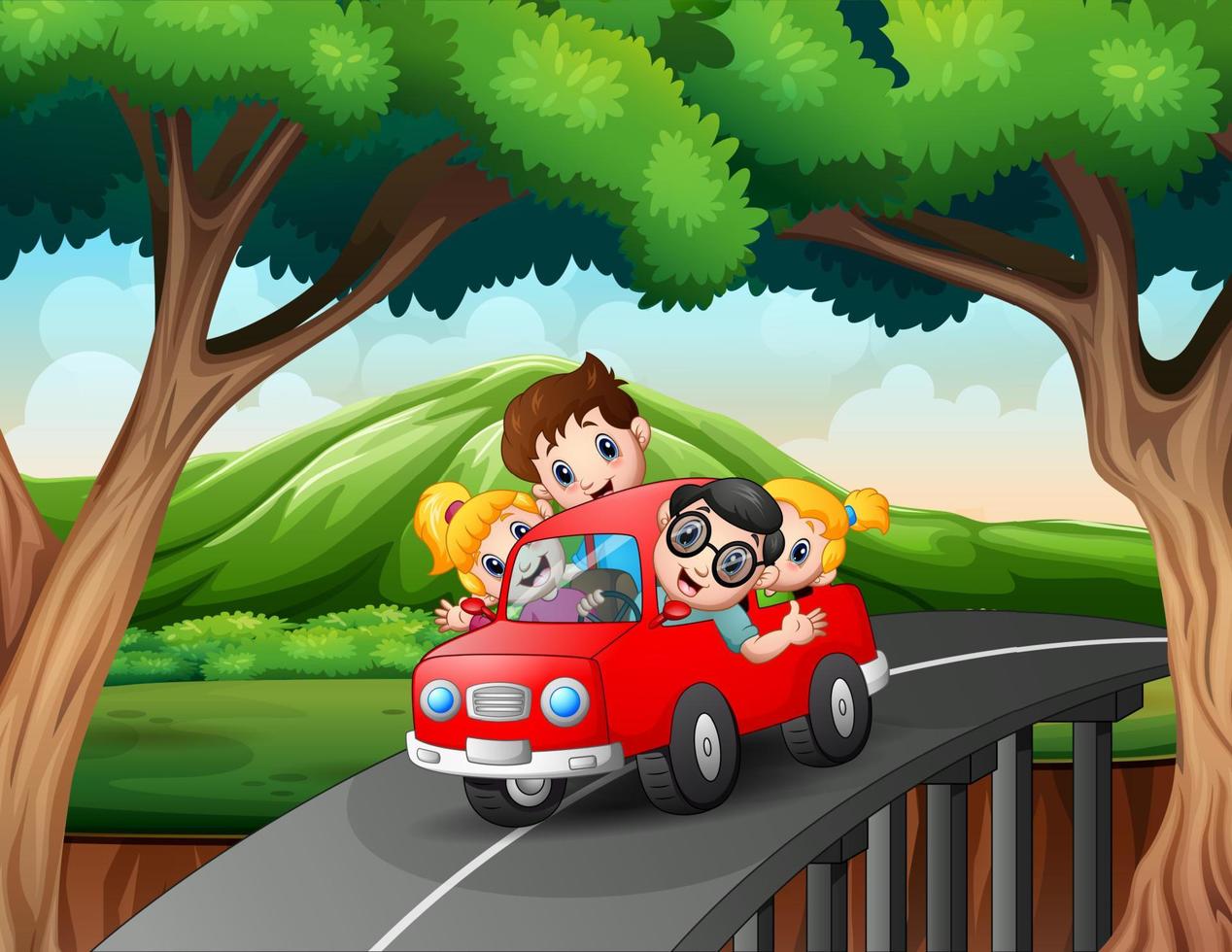 lycklig familj åker i bil på semestern vektor