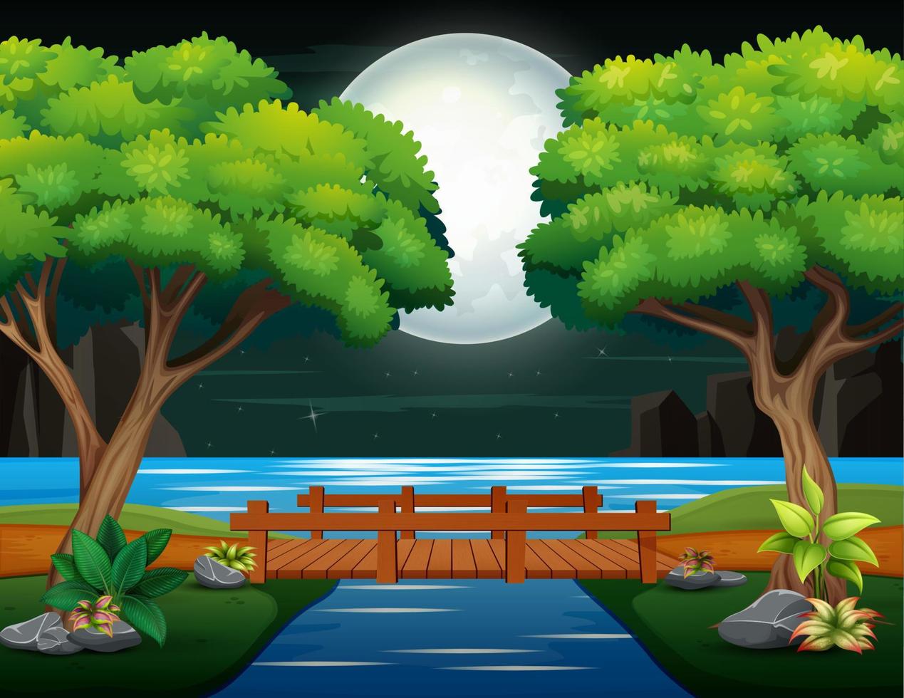 Holzbrücke über den Fluss in Nachtlandschaft vektor