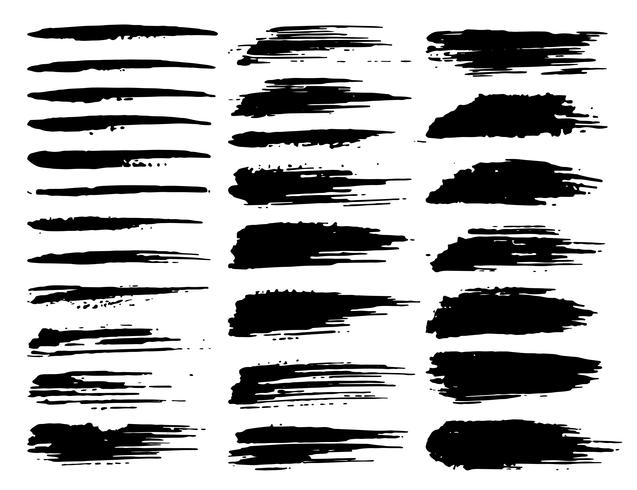 Set av penselsträngar, svarta bläckgrungeborstslag. Vektor illustration.