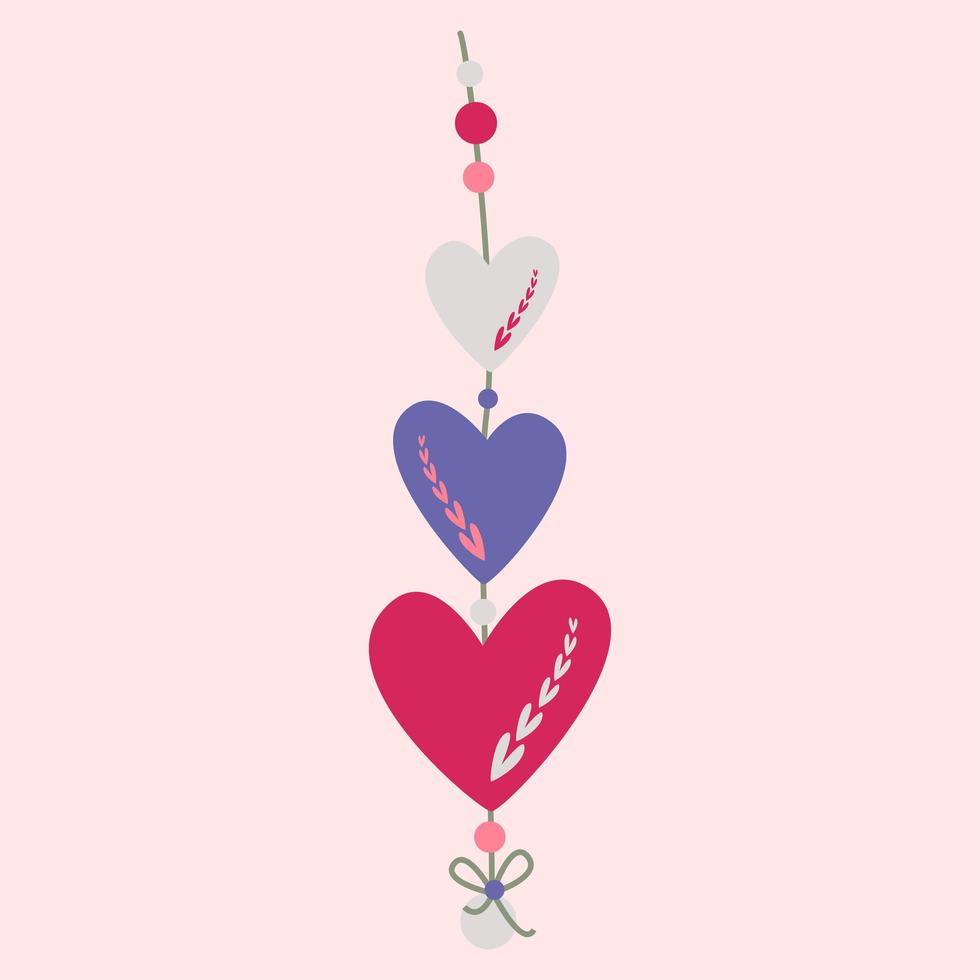 dekorativer Anhänger, drei Herzen und Perlen. Valentinskarte. vektor