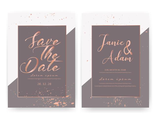 Bröllop inbjudningskort, Spara datum bröllopskort, Modernt kortdesign med gyllene geometriska och penselslag, Vektor illustration.