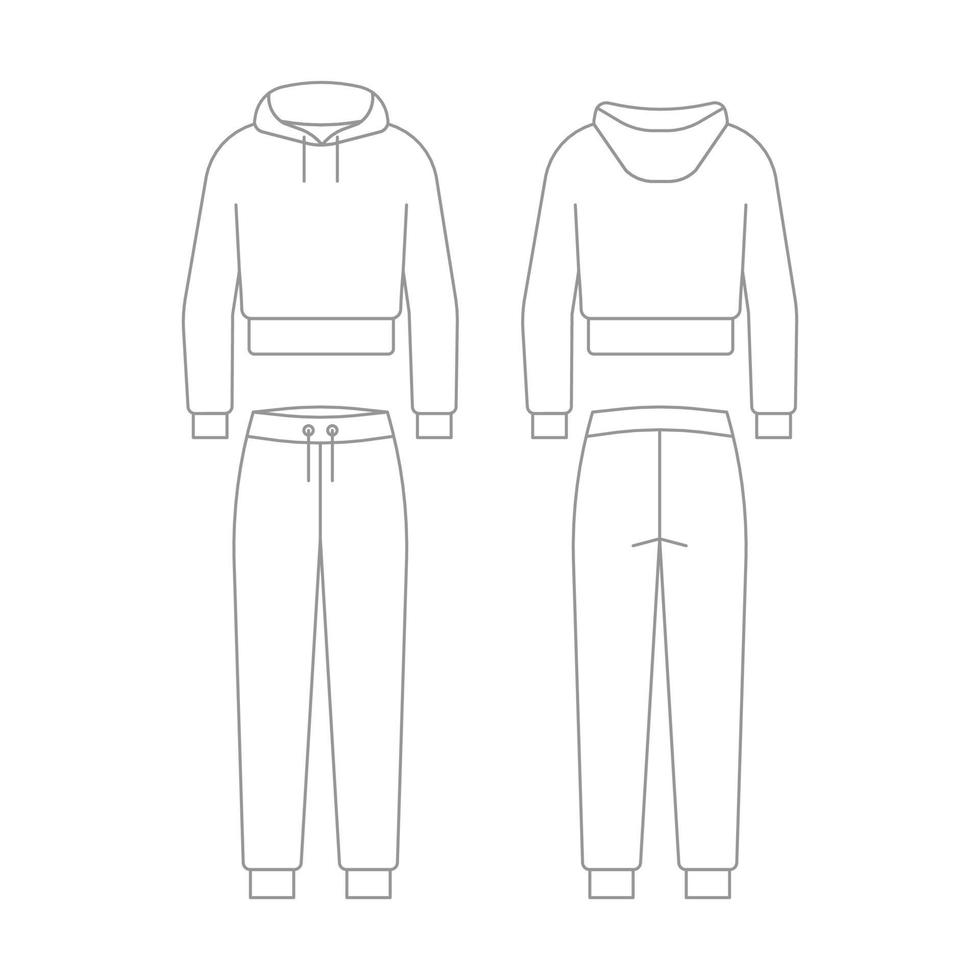 trainingsanzug aus hose jogger und sweatshirt mit kapuzenumrissvorlage. Unisex-Sportbekleidung. normaler Sportpullover und Sporthose für Mann und Frau. Technisches Mockup in Vorder- und Rückansicht. Vektor