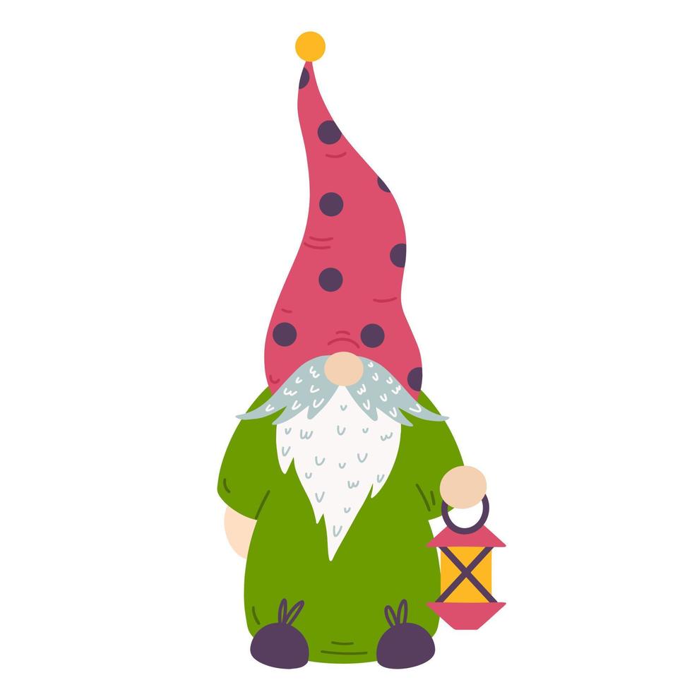 söt tecknad gnome vektor ikon. handritad illustration isolerad på vit bakgrund. magisk dvärg i hög hatt med en glödande lampa. sagofigur med skägg, mustasch. enkel färg clipart