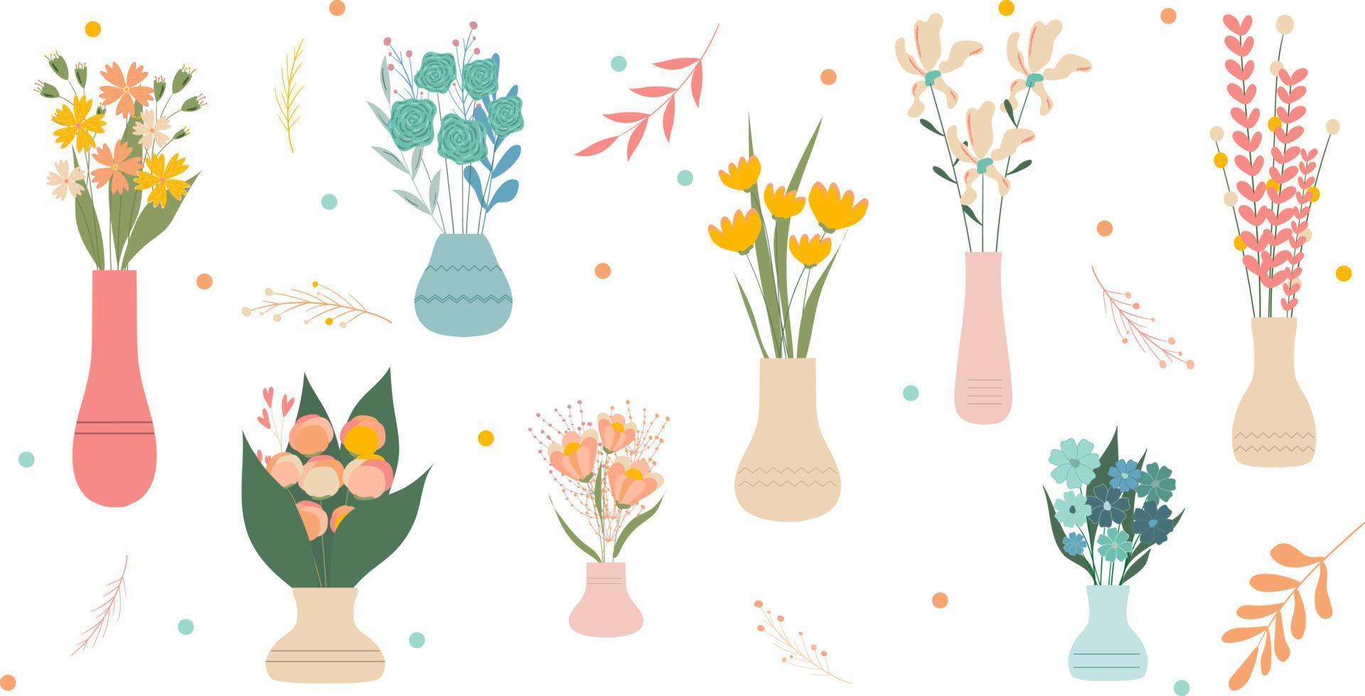 Reihe von wilden und blühenden Gartenblumen im Vasenhintergrund. Bündel Blumensträuße. Reihe von dekorativen floralen Designelementen. flache Cartoon-Vektor-Illustration. vektor
