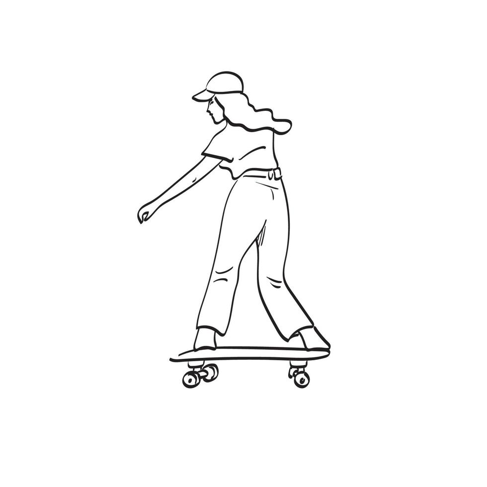 linie kunstfrau mit kappe und langen haaren, die skateboardillustrationsvektorhand spielen, die auf weißem hintergrund gezeichnet wird vektor