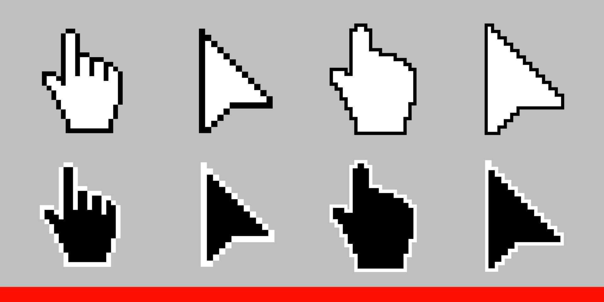 Schwarz-Weiß-Pfeil-Pixel und Pixel-Maus-Hand-Cursor-Symbol vektor