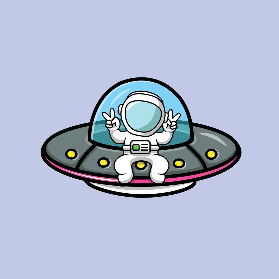 niedlicher astronaut, der auf ufo-raumschiff mit friedenshand-cartoon-vektorsymbolillustration sitzt. Symbolkonzept für Wissenschaft und Technologie isolierter Premium-Vektor. flacher Cartoon-Stil vektor