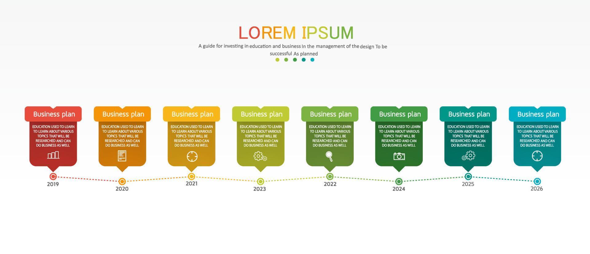 zeitachse infografik vorlage präsentation geschäftsidee mit symbolen, optionen oder schritten. Infografiken für Geschäftsideen können für Datengrafiken, Flussdiagramme, Websites, Banner verwendet werden. vektor