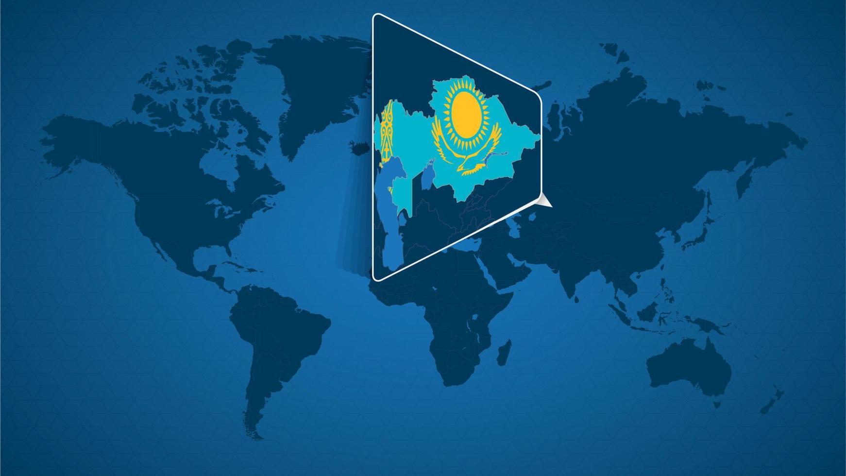 detaljerad världskarta med nålad förstorad karta över Kazakstan och angränsande länder. vektor