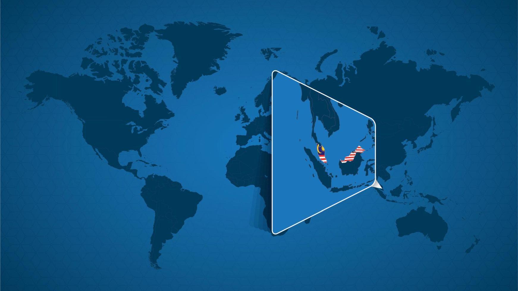 detaljerad världskarta med nålad förstorad karta över malaysia och angränsande länder. vektor