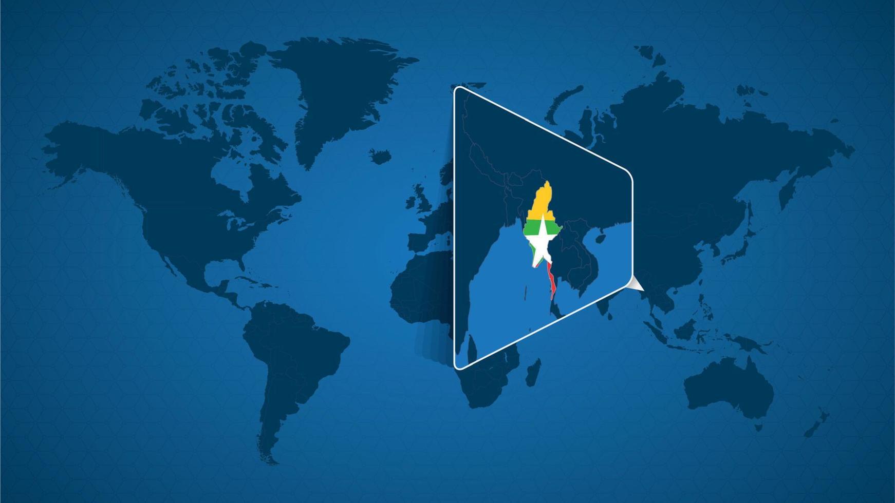 detaljerad världskarta med nålad förstorad karta över myanmar och angränsande länder. vektor