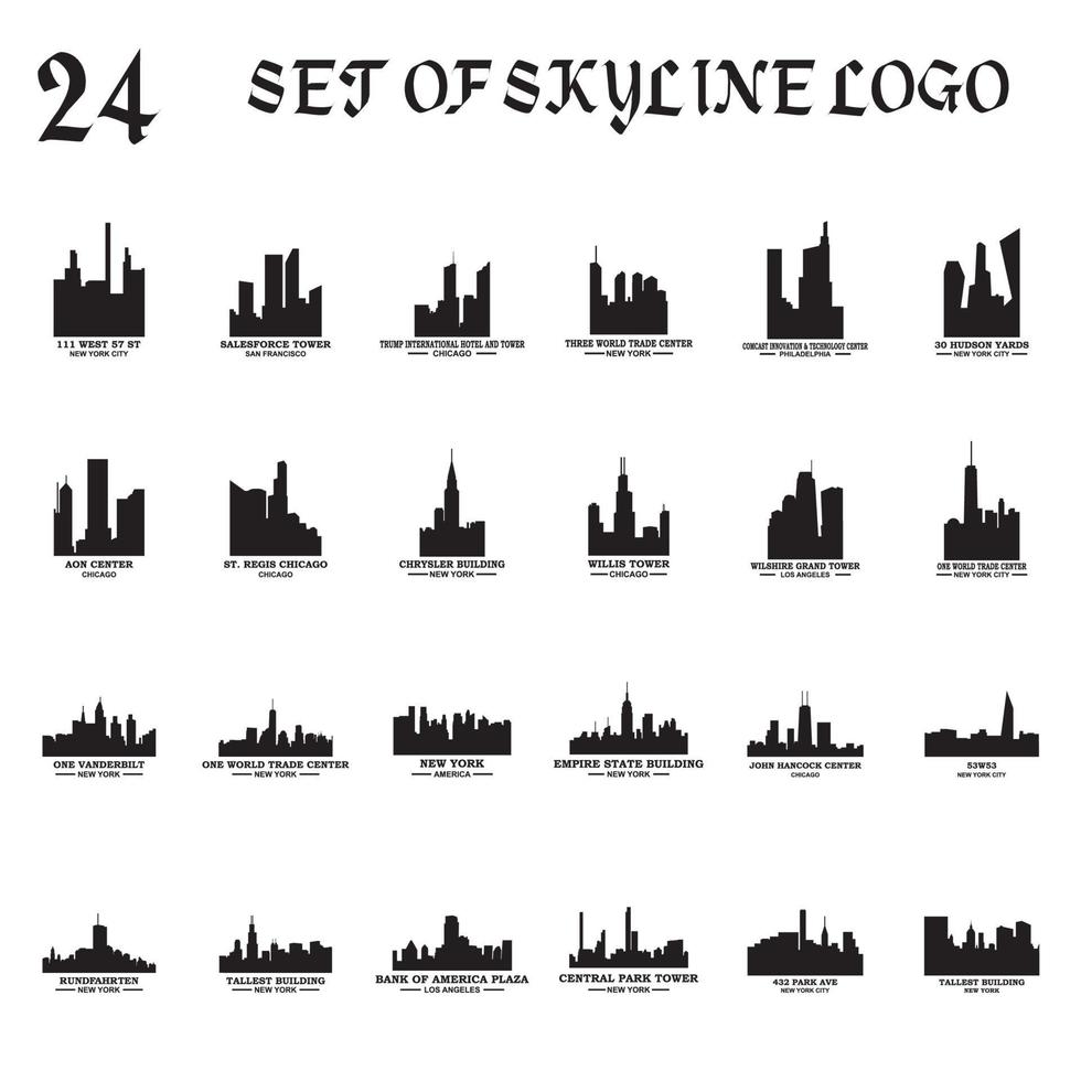 uppsättning skyline silhouette vektor, uppsättning skyskrapa silhouette logotyp vektor