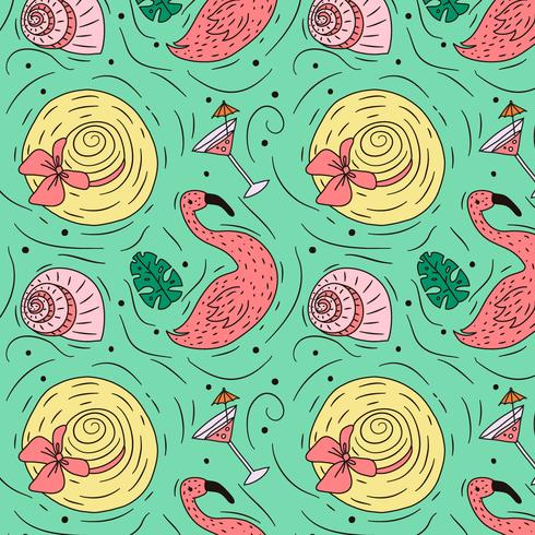 Gekritzel-Sommer-Muster mit Flamingo-Hut und Getränk vektor