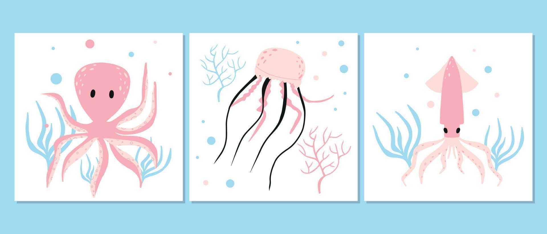 Vektorset von Babypostern mit Meerestieren. handgezeichnetes Tintenfisch-, Oktopus- und Quallen-Poster-Set für den Kindergarten. vektor