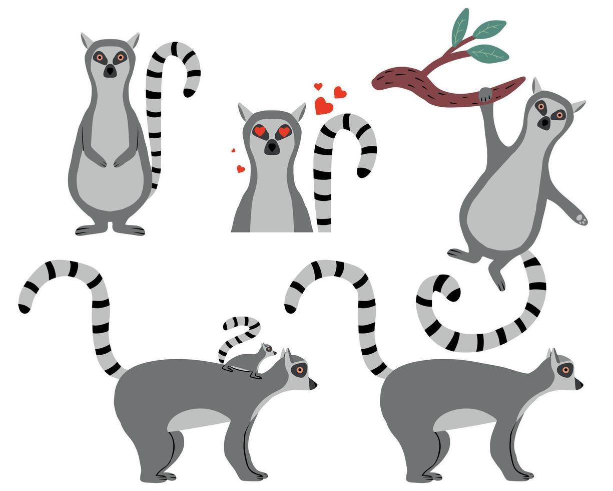 barns handritade uppsättning lemurer. lemurer i olika poser. setet är lämpligt för klistermärken, tryck, affischer. vektor