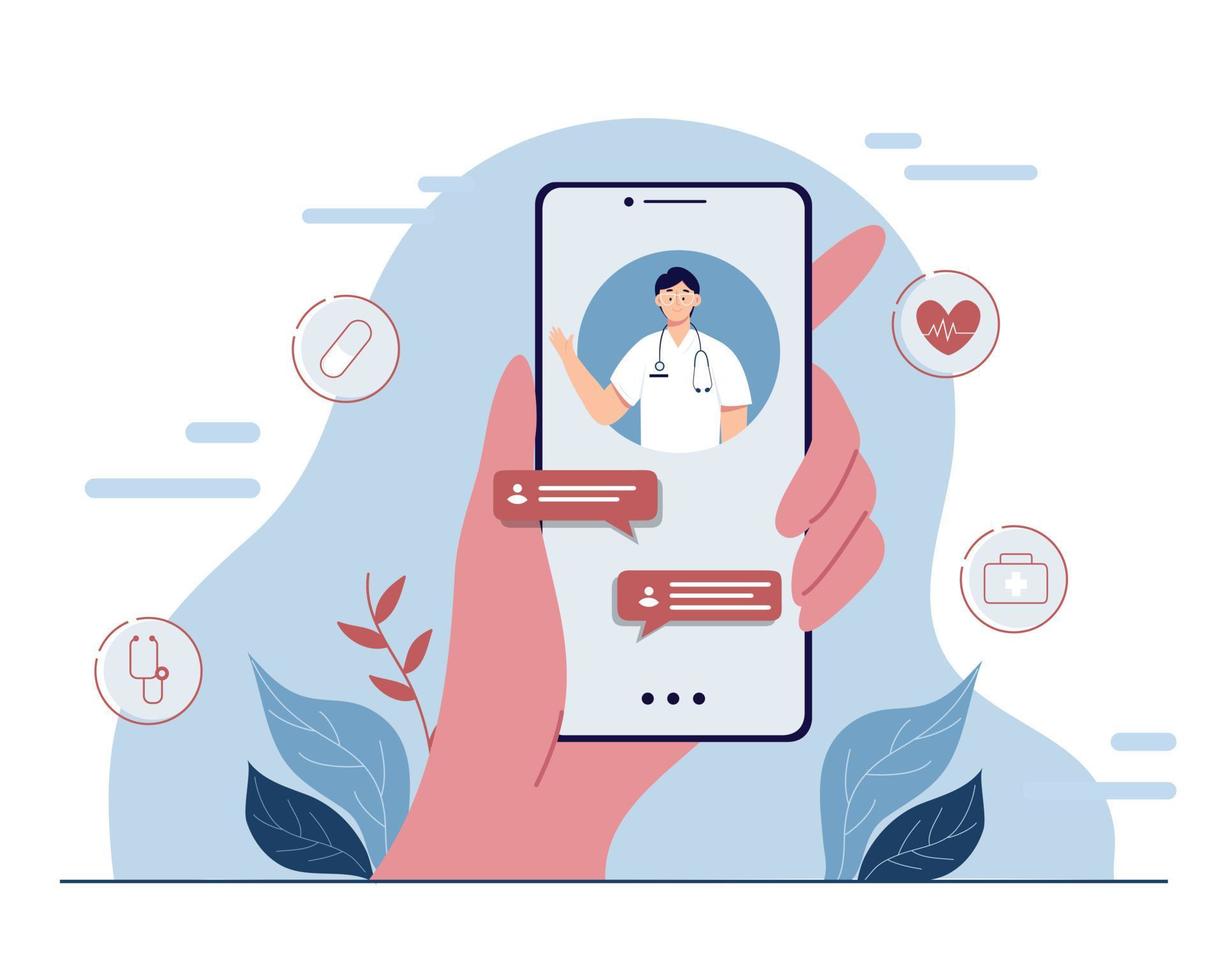 smartphoneskärm med läkare på chatt i messenger och en onlinekonsultation. fråga doktorn. online medicinsk rådgivning eller konsultationstjänst. platt vektor illustration.