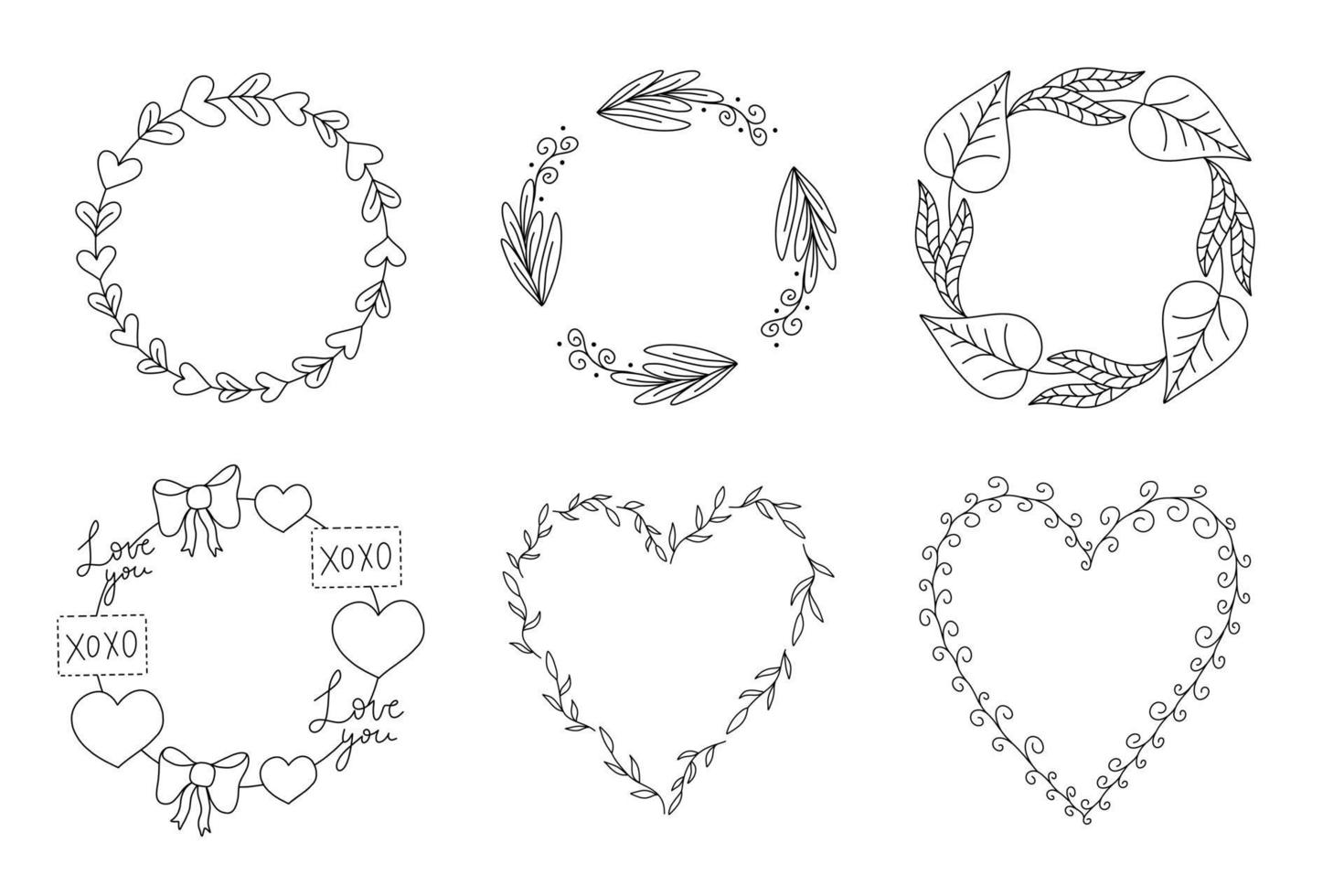 Vektorblumenrahmen in der schwarzen Lineart-Stilkollektion. Runde und herzförmige schöne Dekoration für Einladungen, Grußkarten, Hochzeit vektor