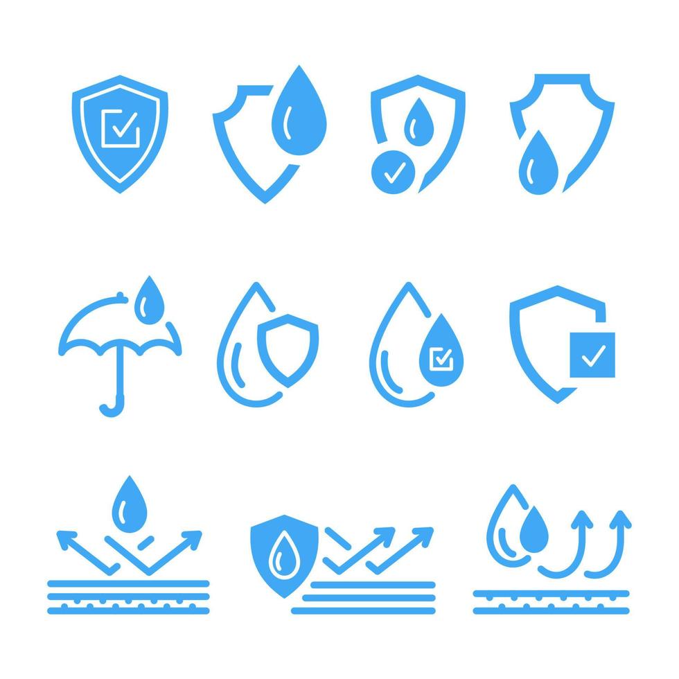 wasserdichte Symbole wie Schild, Regenschirm, flüssigkeitsbeständige Schichten, Wassertropfen vektor