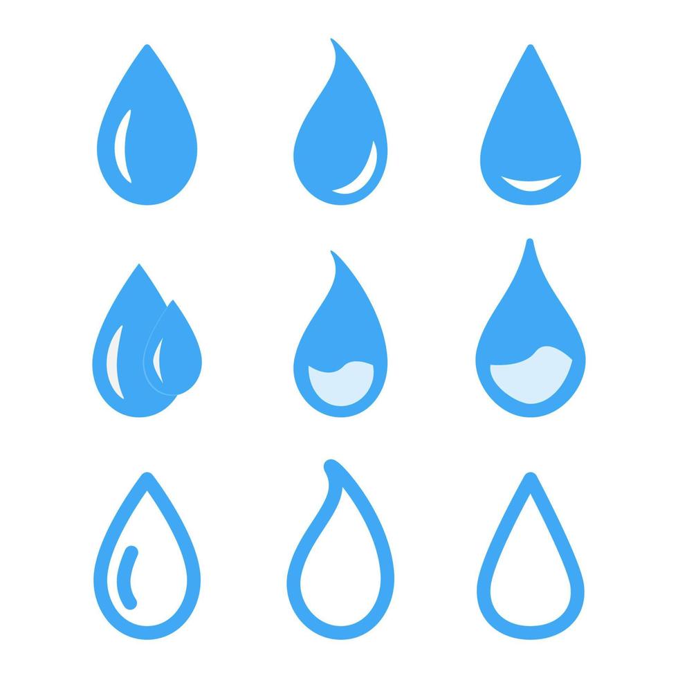 Satz blaue Wassertropfen. Sammlung flacher Tröpfchenformen. Flüssigkeitssymbol vektor