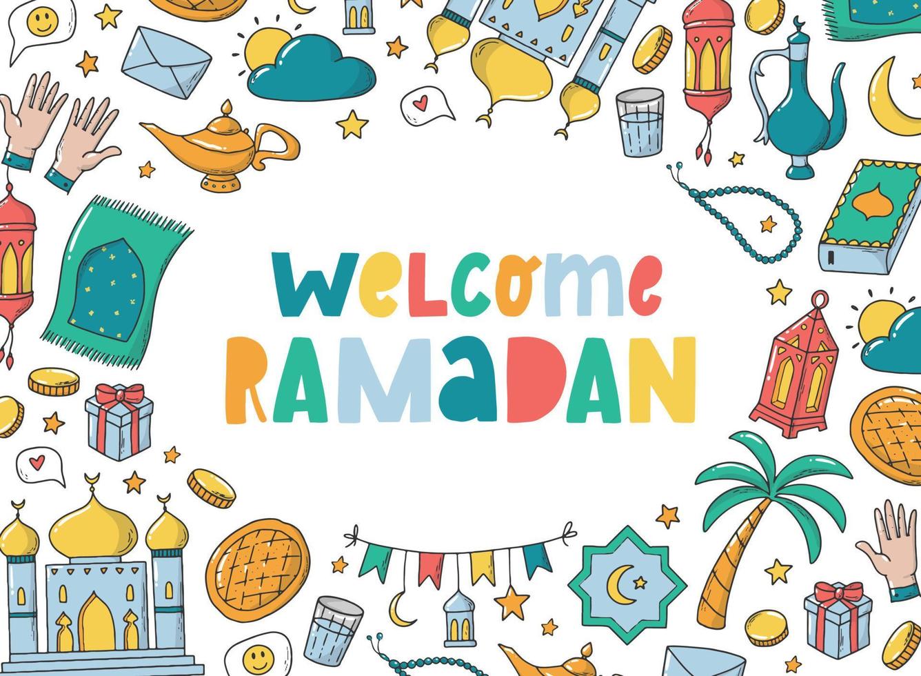 buntes handbeschriftungszitat 'willkommen ramadan', verziert mit handgezeichneten gekritzeln. gut für grußkarten, poster, drucke, einladungen, geschenke, vorlagen usw. eps 10 vektor