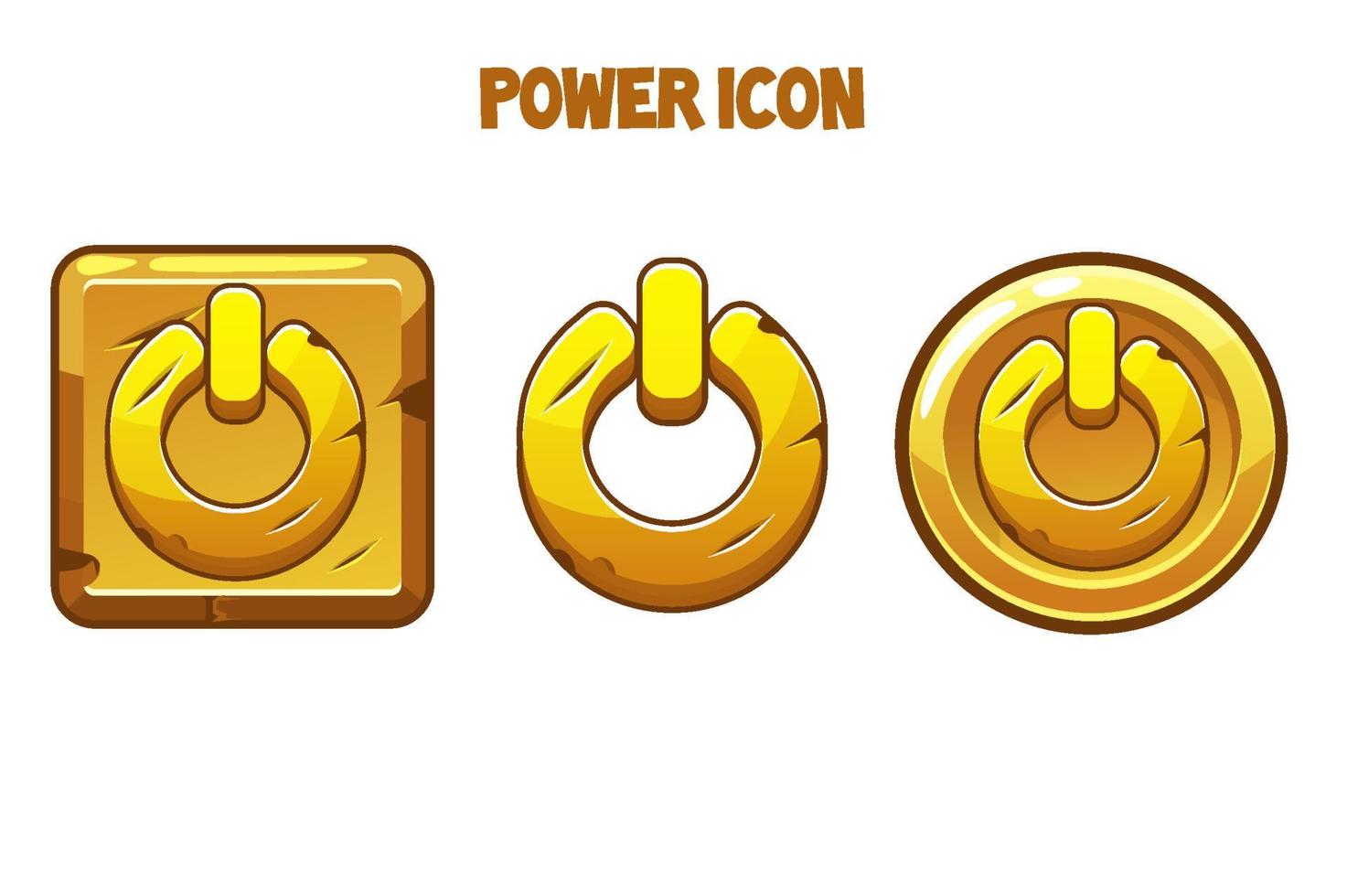 Reihe von goldenen Power-Symbolen in verschiedenen Formen. Power-Buttons für das Spiel, Menü, Schnittstelle. vektor