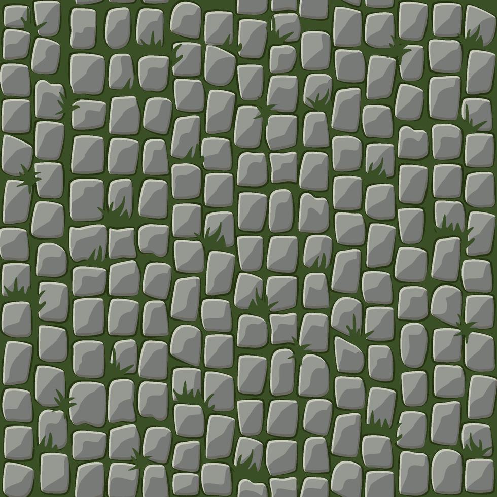 seamless mönster av kullersten gata stenläggning med gräs. bakgrund av grå småsten på banan. vektor