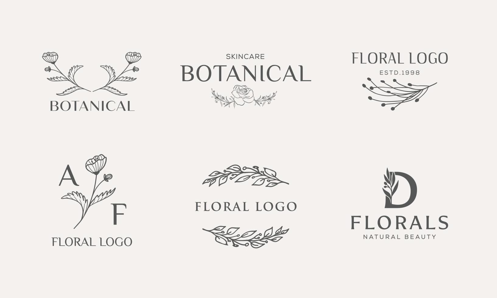 uppsättning av botaniska blommiga element handritad logotyp med vilda blommor och blad. logotyp för spa och skönhetssalong, boutique, ekologisk butik, bröllop, blomsterdesigner, inredning, fotografi, kosmetika. vektor