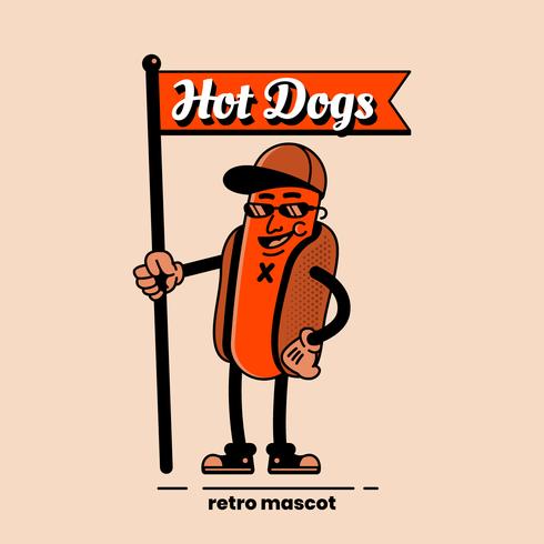 Retro- Hotdog-Charakter, der eine Flaggen-Illustration hält vektor