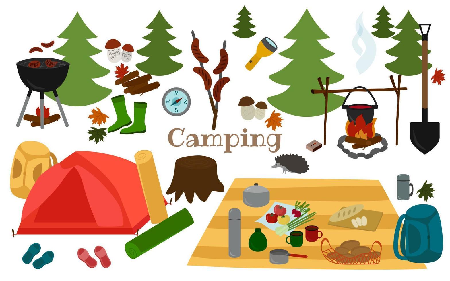 Camping, Wandern im Wald, eine Reihe von Elementen im handgezeichneten Stil. Zelt, Feuer, Grill, Bäume, Thermoskanne, Grill, Taschenlampe, Stiefel, Kompass. Vektor-Illustration. vektor