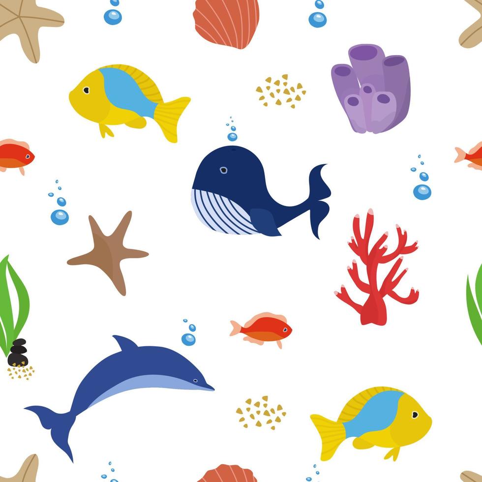 Nahtloses Muster mit den Bewohnern der Unterwasserwelt. Meereslebewesen, Delphine, Wale, Muscheln, Fische, Algen, Korallen. Vektor-Illustration. für die Dekoration des Kinderzimmers. vektor