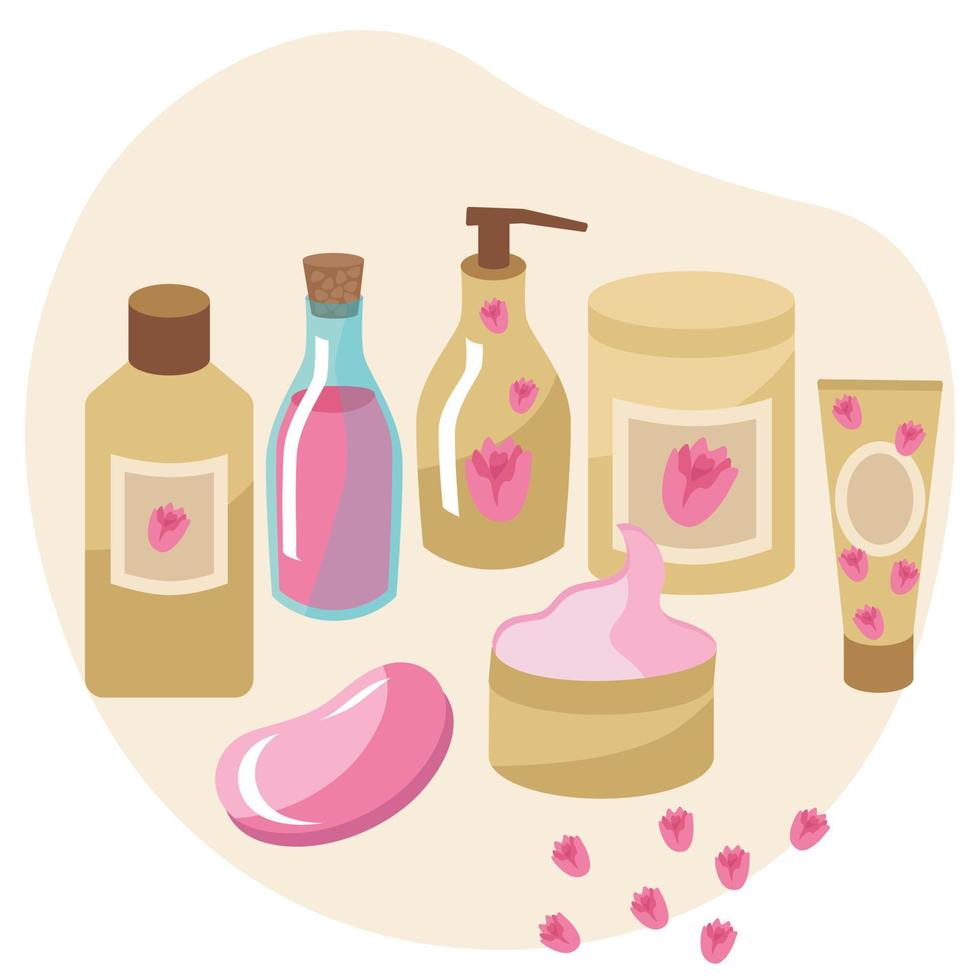 kosmetikset mit einer rose zur hautpflege. Creme, Seife, Öl, Lotion in Tiegeln und Tuben. vektorillustration isoliert. Cliparts für Spa-Behandlungen für Gesicht und Körper. vektor