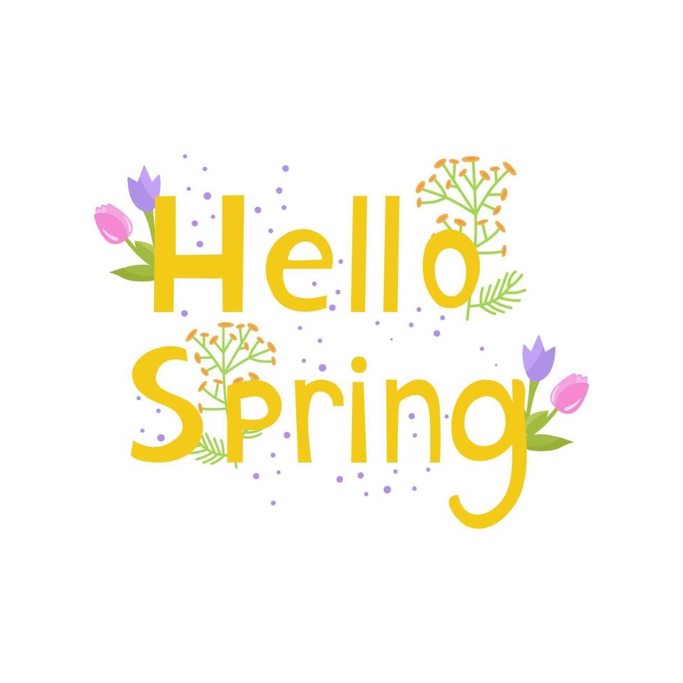 hej våren, vektor bokstäver. dekorerad med blommor och prickar. för design, tryck på papper eller tyg. isolerat.