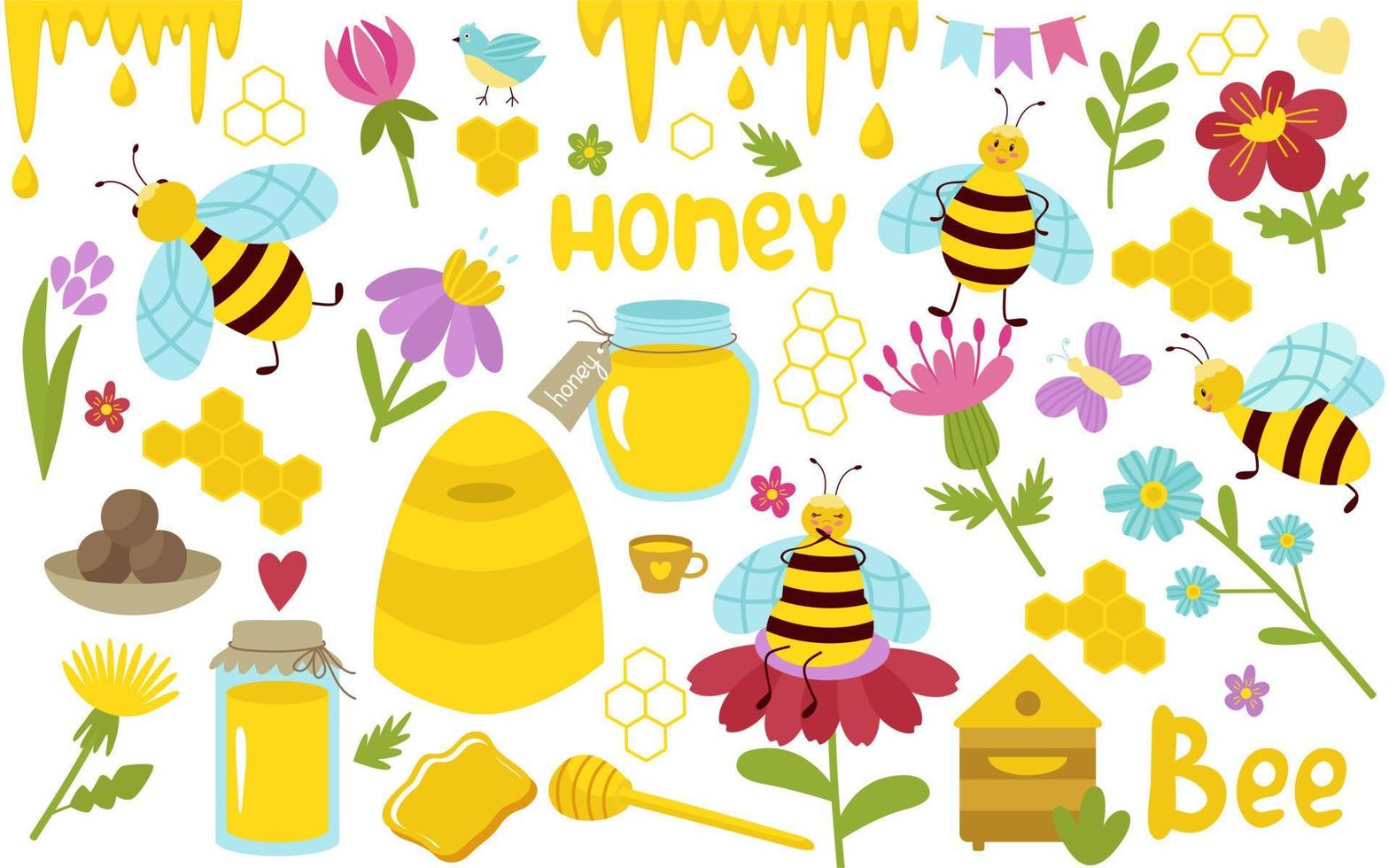 bin och honung, en uppsättning söta clipart för biodling. bikupa, blommor, inskriptioner, propolis, honungskaka, sked, fågel, fjäril. tecknad vektorillustration isolerade. vektor