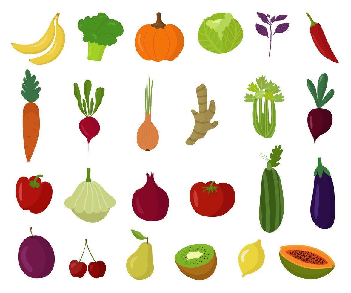gemüse, beeren und obst, eine reihe von gesunden vegetarischen lebensmitteln. Die Vektorgrafik ist isoliert. eine farbenfrohe Sammlung von Bauernhof-Cliparts. Bananen, Brokkoli, Sellerie, Zucchini, Kirschen vektor