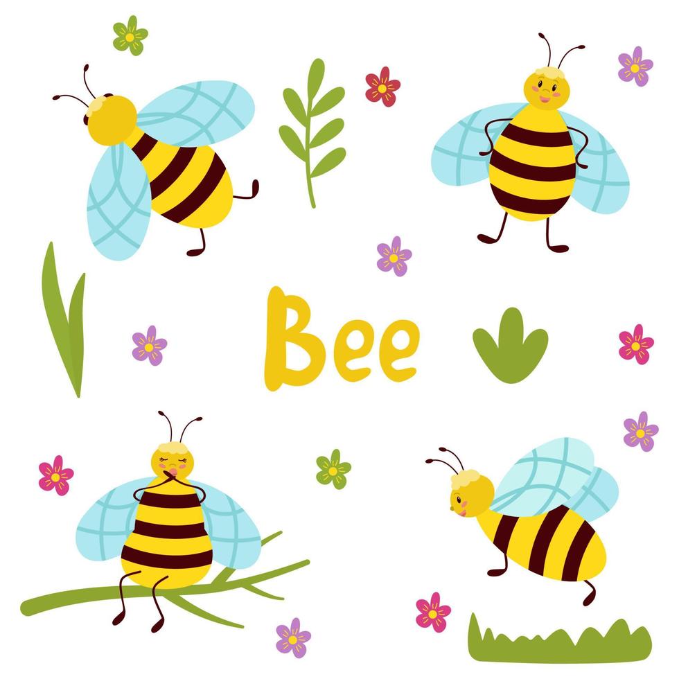 Bienen in verschiedenen Posen, fliegend, sitzend, stehend, eine Reihe süßer Cliparts. vektorkarikaturillustration lokalisiert. vektor