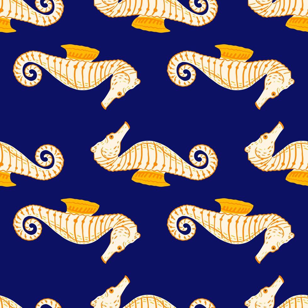 Kontrastieren Sie das nahtlose Muster der Meeresfauna mit orange konturierten Seepferdchenelementen. Navu blauer Hintergrund. vektor