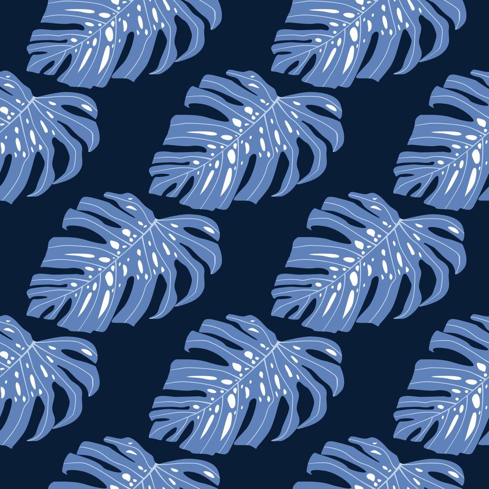 kontrastieren Sie nahtloses Muster mit blauem hellem Monstera-Ornament. Marineblauer dunkler Hintergrund. vektor