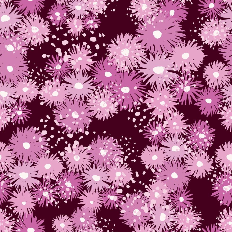 slumpmässigt sömlöst mönster med lila och lila krysantemumelement. rödbrun bakgrund med stänk. vektor