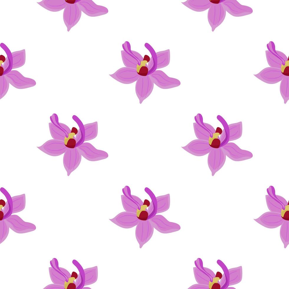 lila Orchidee blüht nahtloses Muster im botanischen Stil. Gekritzel Blumenkulisse. isolierter Druck. vektor