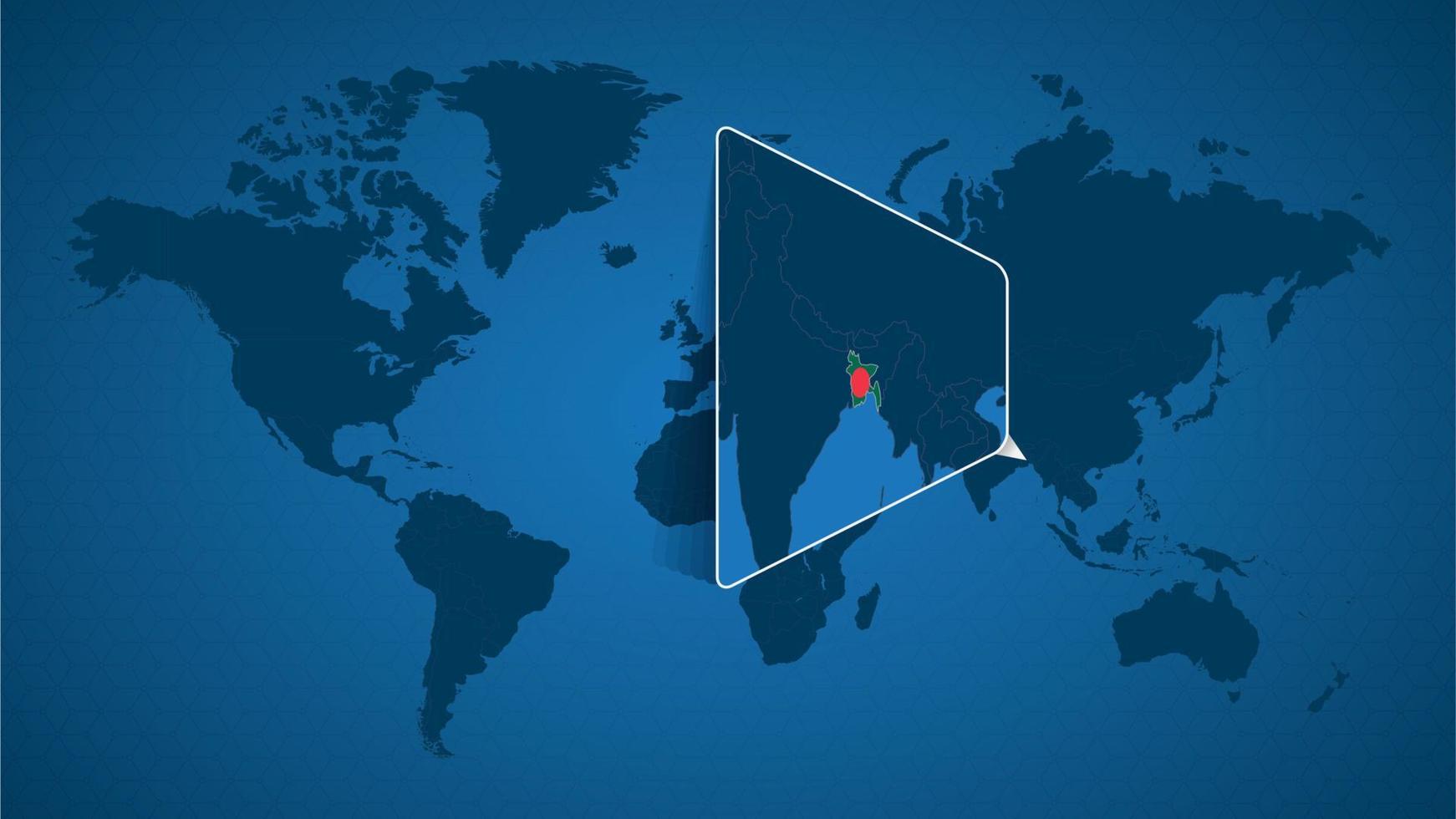 detaljerad världskarta med nålad förstorad karta över bangladesh och angränsande länder. vektor