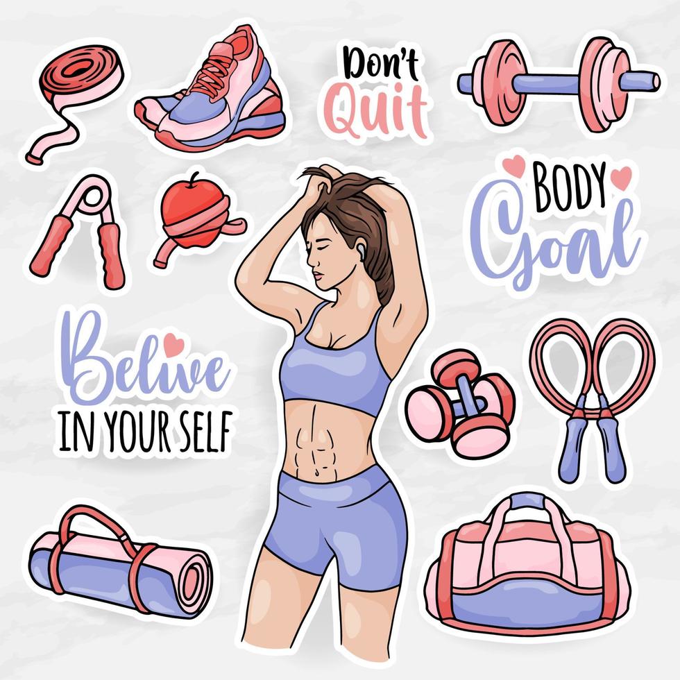 gesunde frauen aufkleber clipart sammlungen set mit mädchen fitnessgeräte vektor