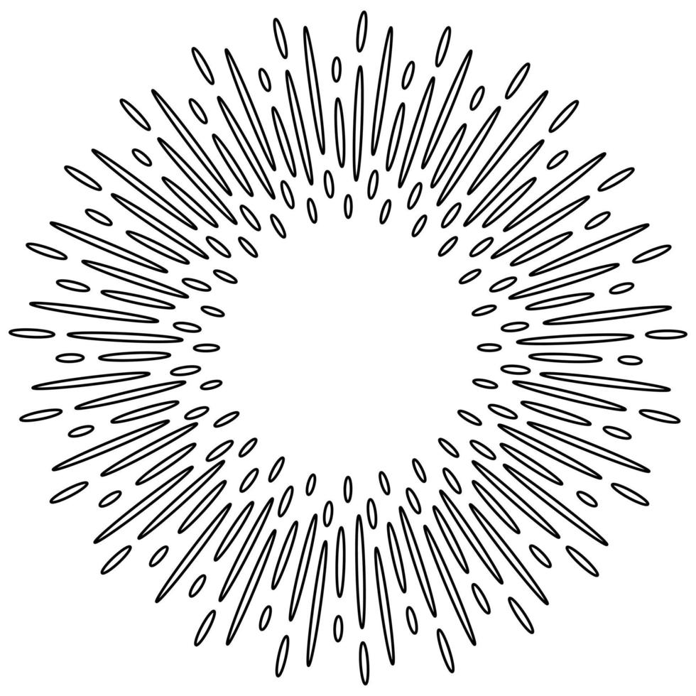 starburst, sunburst handritad. designelement fyrverkerier svarta strålar. komisk explosionseffekt. utstrålande, radiella linjer. vektor