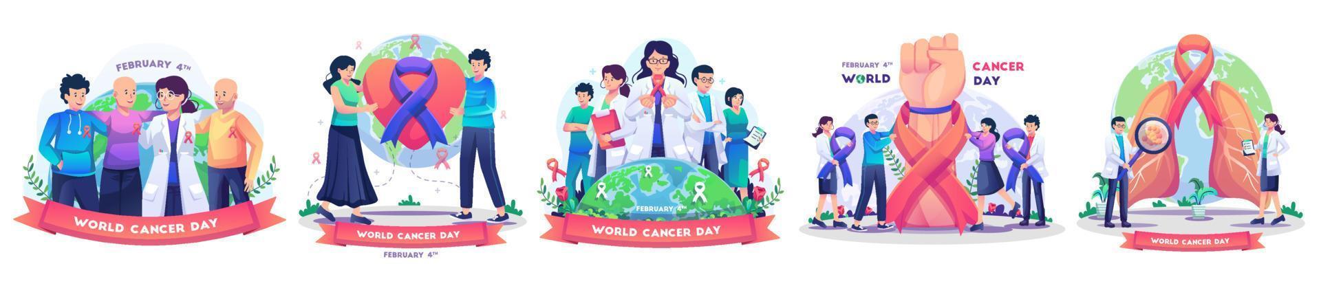 uppsättning av World Cancer Day-konceptet med människor, läkare, sjuksköterskor och medicinsk personal firar World Cancer Day platt stil vektorillustration vektor