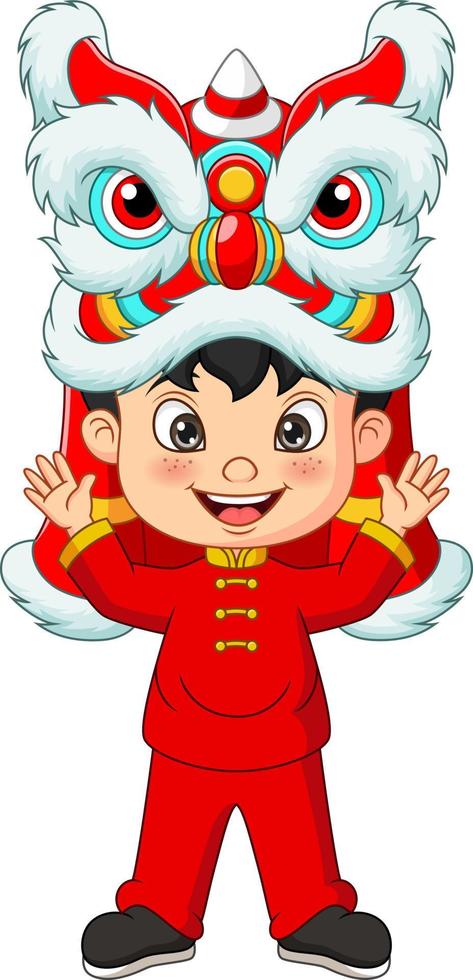 tecknad kinesisk pojke med lejondans vektor